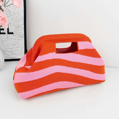 Nuova borsa intrecciata traforata a righe, borsa a mano in maglia, versatile borsa portatile per cosmetici