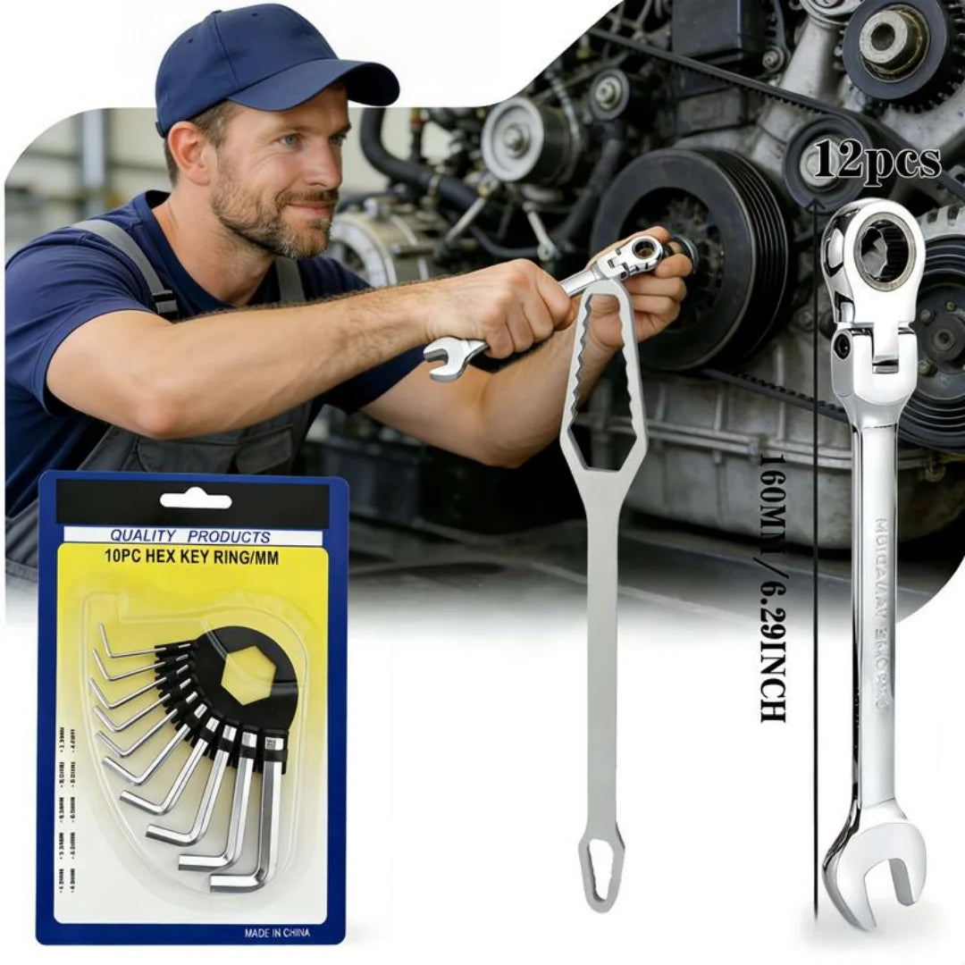 Set di 12 Chiavi Combinate Antiruggine e Chiavi Esagonali per Riparazioni Auto e Domestiche - Regalo Perfetto per Papà e Marito