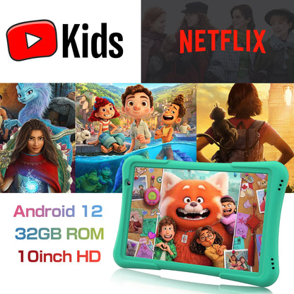 Tablet Android PRITOM da 10 pollici per bambini, 4GB(2+2)+32GB, Quad Core, 6000 mAh, WiFi 6, doppia fotocamera, Bluetooth, tablet per bambini piccoli