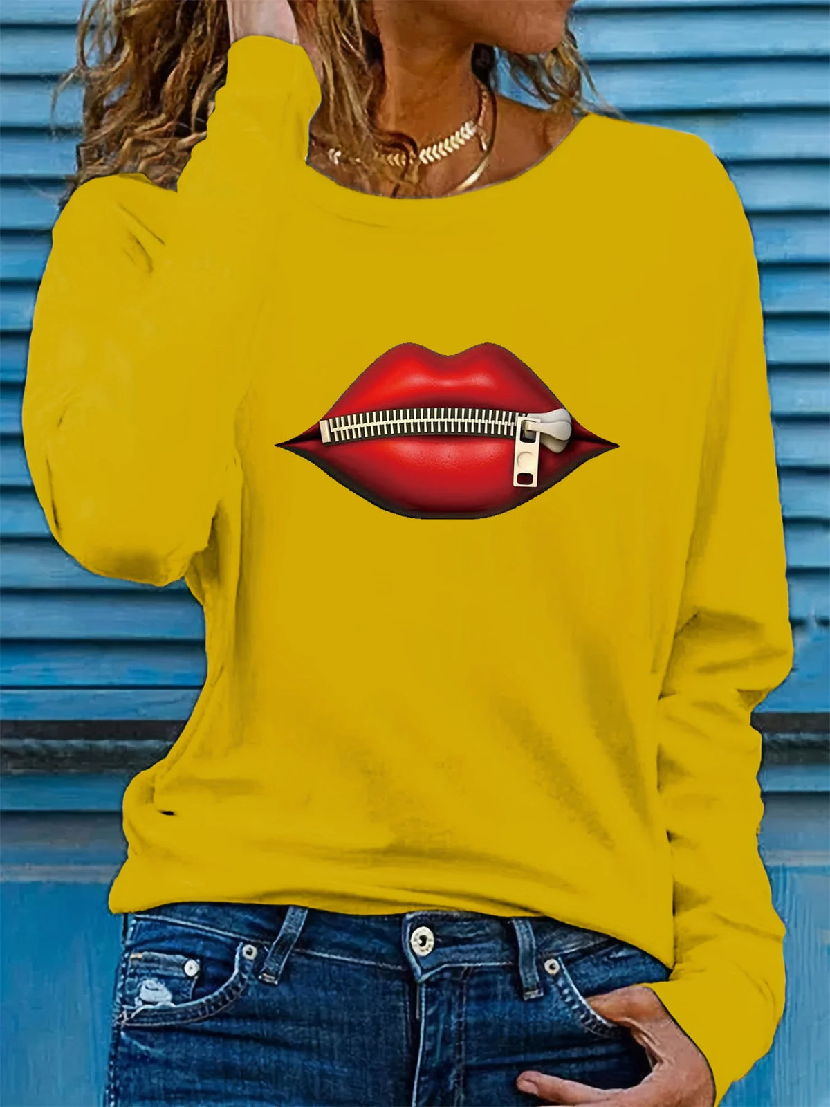 T-shirt da donna in 100% puro cotone, ideale per la primavera e l'autunno, dal taglio ampio e casual, con stampa a forma di labbra, cerniera, stampa grafica e maniche lunghe, scollo rotondo.
