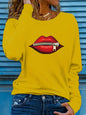 T-shirt da donna in 100% puro cotone, ideale per la primavera e l'autunno, dal taglio ampio e casual, con stampa a forma di labbra, cerniera, stampa grafica e maniche lunghe, scollo rotondo.