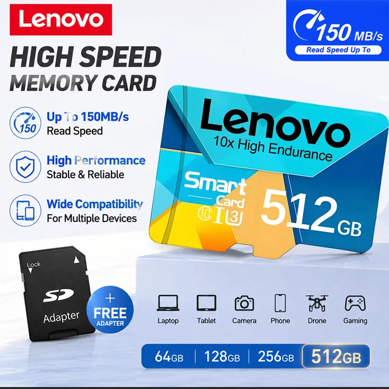 Scheda Micro SD ad alta velocità Lenovo 1TB 512GB Supporta 4K Ultra HD 128GB 64GB 256GB Memoria Flash per Drone Telefono Telecamera di Sicurezza CCTV