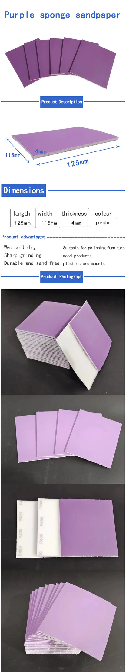 Viola Vernice per auto Lucidatura a mano Spugna a strappo Carta vetrata 115x125mm Rotolo abrasivo per parti in plastica Hardware Cura di bellezza