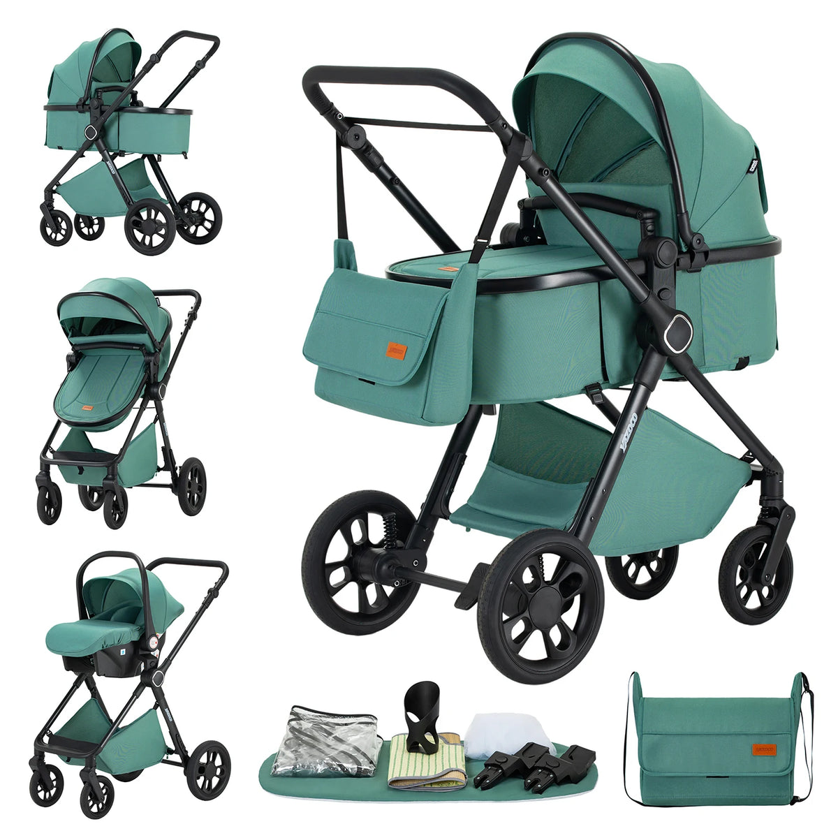 Passeggino per Neonati 3-in-1 di Lusso, Carrozzina da Viaggio Portatile con Telaio in Alluminio, Passeggino Pieghevole con Vista Panoramica