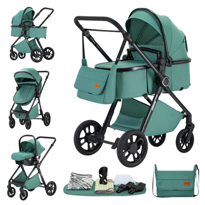 Passeggino per Neonati 3-in-1 di Lusso, Carrozzina da Viaggio Portatile con Telaio in Alluminio, Passeggino Pieghevole con Vista Panoramica