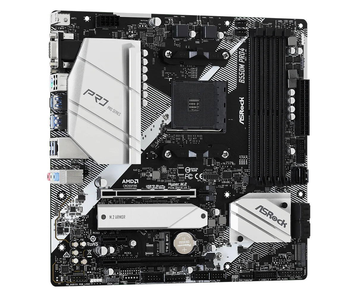 Scheda madre ASRock B550M Pro4, socket AM4, compatibile con processori AMD B550, supporta Ryzen 5 5600, 4500, 3200G, 3600, 5700X, memoria DDR4 fino a 128 GB, SSD NVMe, formato Micro ATX.