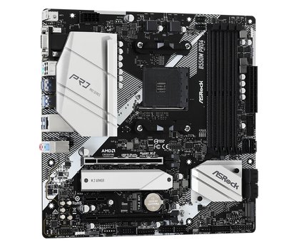 Scheda madre ASRock B550M Pro4, socket AM4, compatibile con processori AMD B550, supporta Ryzen 5 5600, 4500, 3200G, 3600, 5700X, memoria DDR4 fino a 128 GB, SSD NVMe, formato Micro ATX.