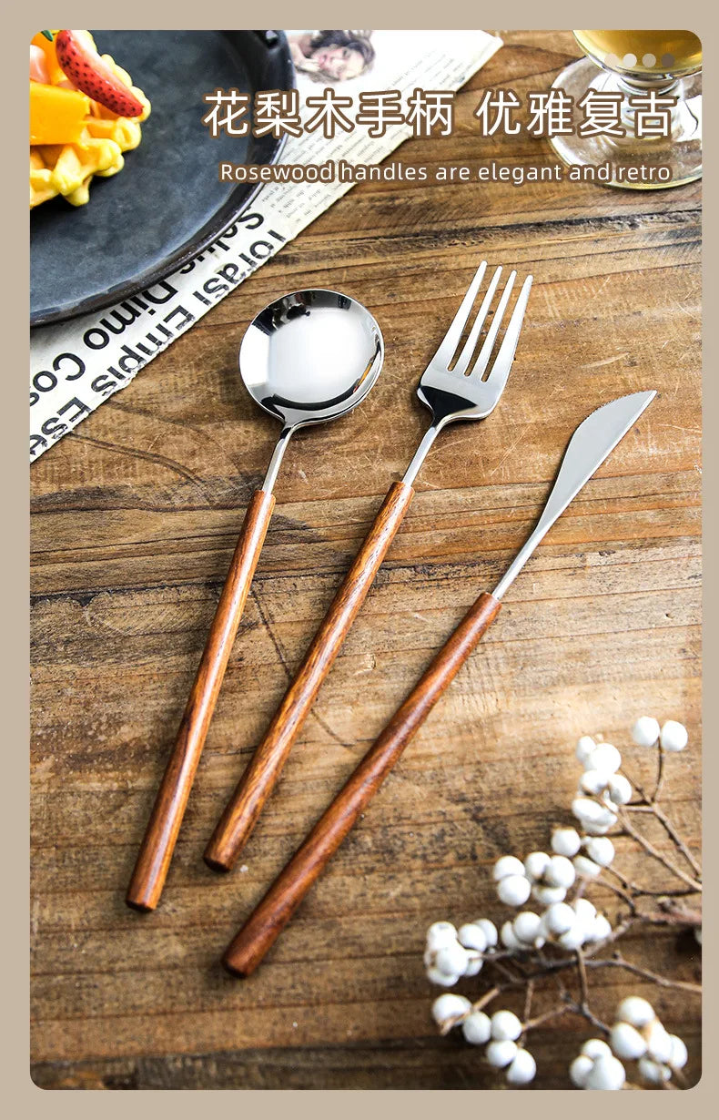 Set di posate di lusso leggero per hotel in acciaio inossidabile con manico in palissandro vintage, coltello da bistecca, forchetta e cucchiaio