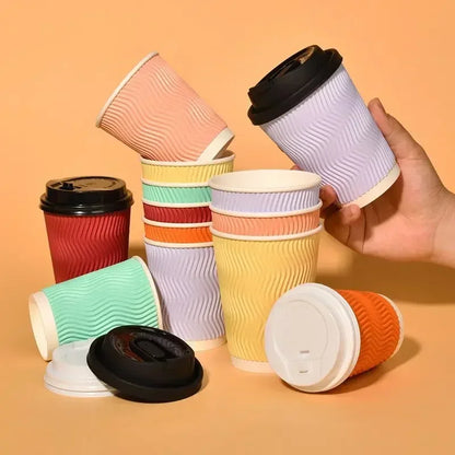 20 set di bicchieri di carta usa e getta colorati, onde di carta ondulata, antiscottatura, tazze da tè al latte, tazze da caffè confezionate da asporto con coperchio