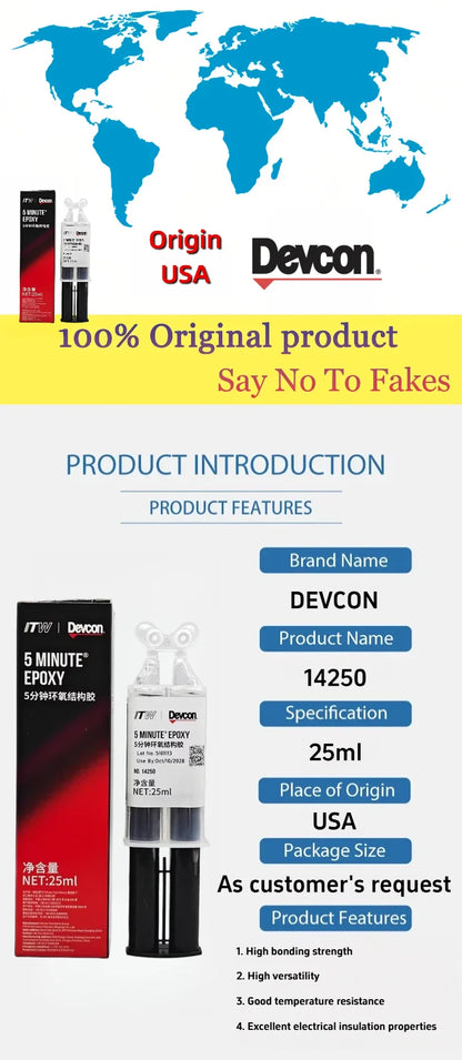 Adesivo Epossidico Devcon 14250 a Rapida Polimerizzazione in 5 Minuti, Colla Bicomponente AB 25ml per Riparazioni su Metallo, Vetro, Ceramica e Legno