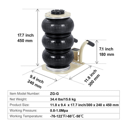SucceBuy Martinetto pneumatico a tripla borsa Capacità 3 tonnellate (6600 libbre) Martinetto pneumatico portatile per auto Resistente e sollevamento rapido per riparazioni di garage