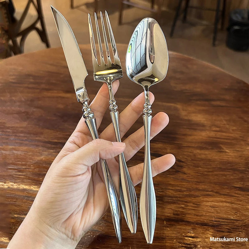 Set di posate per bistecche in acciaio inossidabile 304 di alta qualità, 6 pezzi, coltello, forchetta e cucchiaio creativi e rinforzati, stoviglie per hotel e ristoranti
