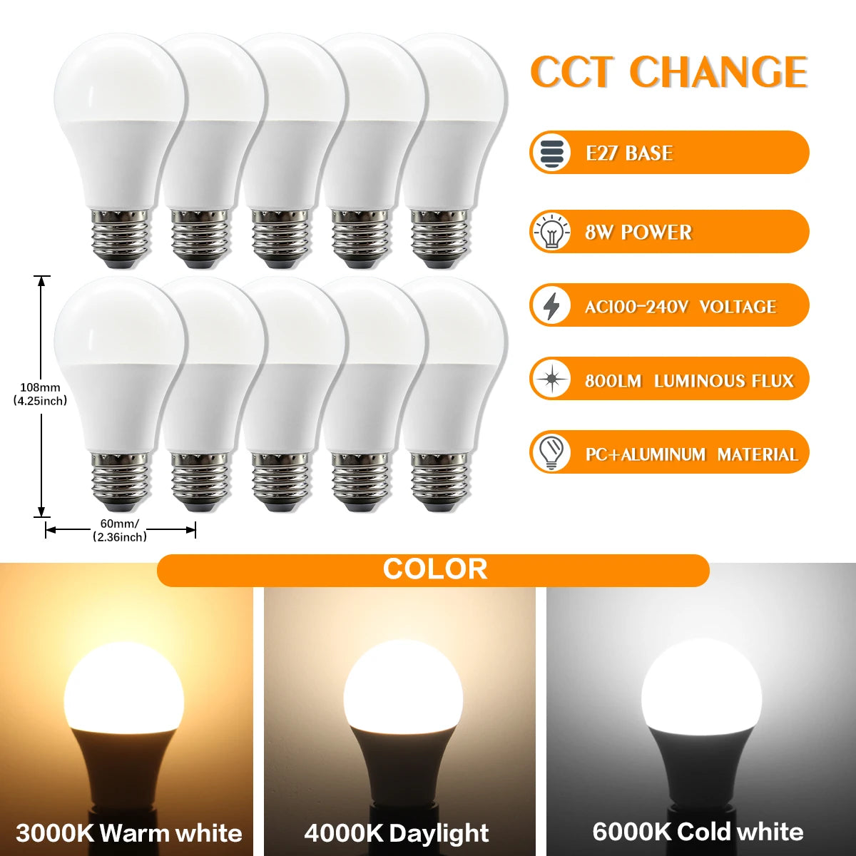 10 Lampadine LED E27 2200K 3000K 4000K 6000K AC100-240V Rosso Verde Illuminazione Colorata di Alta Qualità in Vetro PC per Arredamento Casa