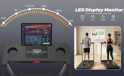 Tapis Roulant Pieghevole 2-in-1 con Controllo APP e Altoparlante Bluetooth, Macchina per Camminare e Correre a Casa 1-12km/h, Motore da 2.0HP di Potenza Massima, Display LED, 12 Programmi Preimpostati, Attrezzatura Fitness Pi