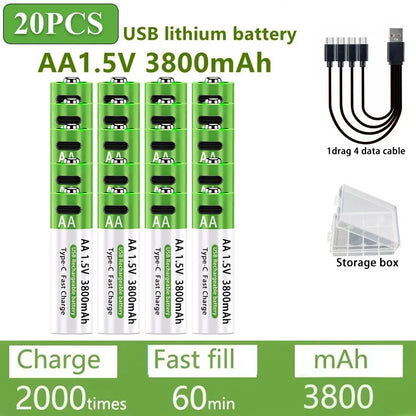 Nuove Batterie al Litio Ricaricabili AA 1.5V 3800mAh + AAA 3000mAh, Ricarica Rapida, 1200 Cicli, con Cavi Gratuiti e Scatola