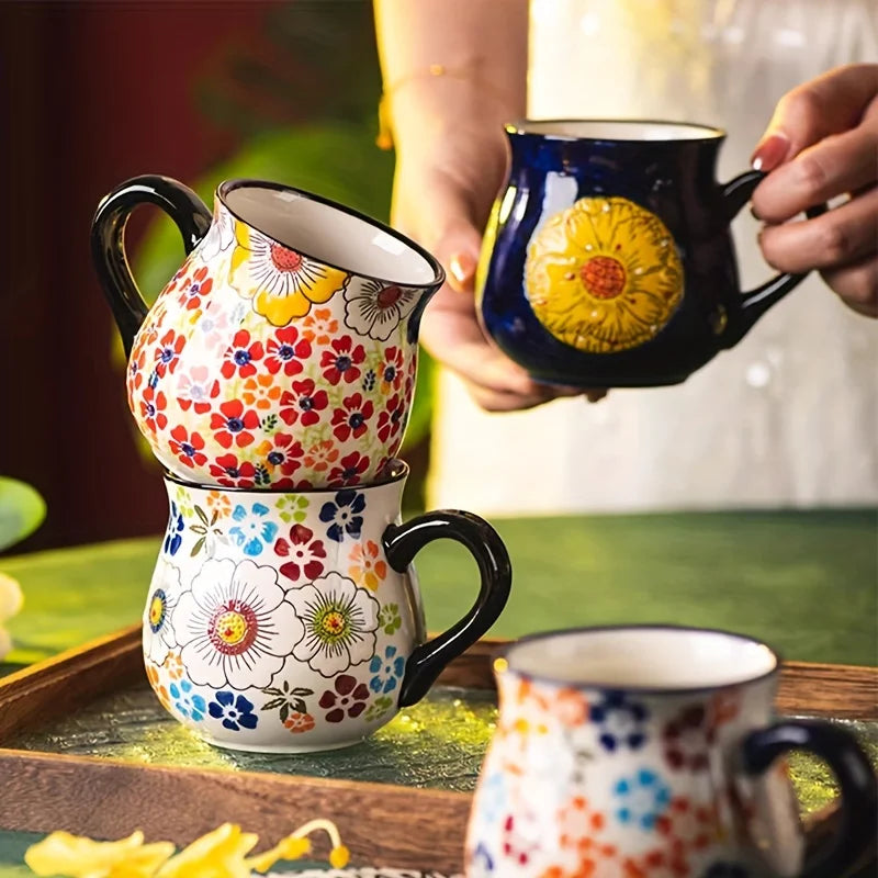 Tazza in Ceramica Stile Ceramica Polacca a Bocca Larga, Tazza con Motivo Floreale Dipinto a Mano, Tazza di Grande Capacità per Caffè, Tè e Latte