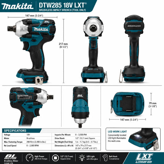 Makita DTW285Z Chiave a Impatto Cordless 18V LXT Brushless 280Nm con Batteria 6.0Ah, Avvitatore Professionale Potente, Utensile Elettrico Originale Makita, Stock UE, Spedizione Rapida dal Magazzino in Polonia