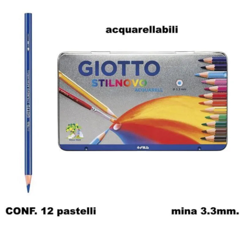 GIOTTO 12 matite colorate per acquerello in una scatola metallica, con mina da 3,3 mm, set per disegno e sfumature dai colori vivaci, ideale per studenti, artisti e appassionati di arte.