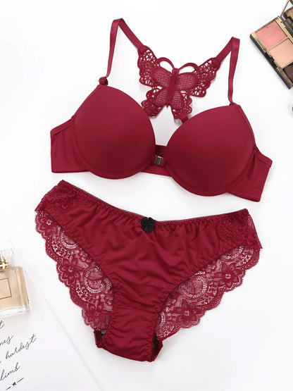 Set da 2 pezzi di vendita caldo di reggiseno rosso sexy con bottoni frontali bellissimo reggiseno moda farfalla posteriore push up set da donna A2120