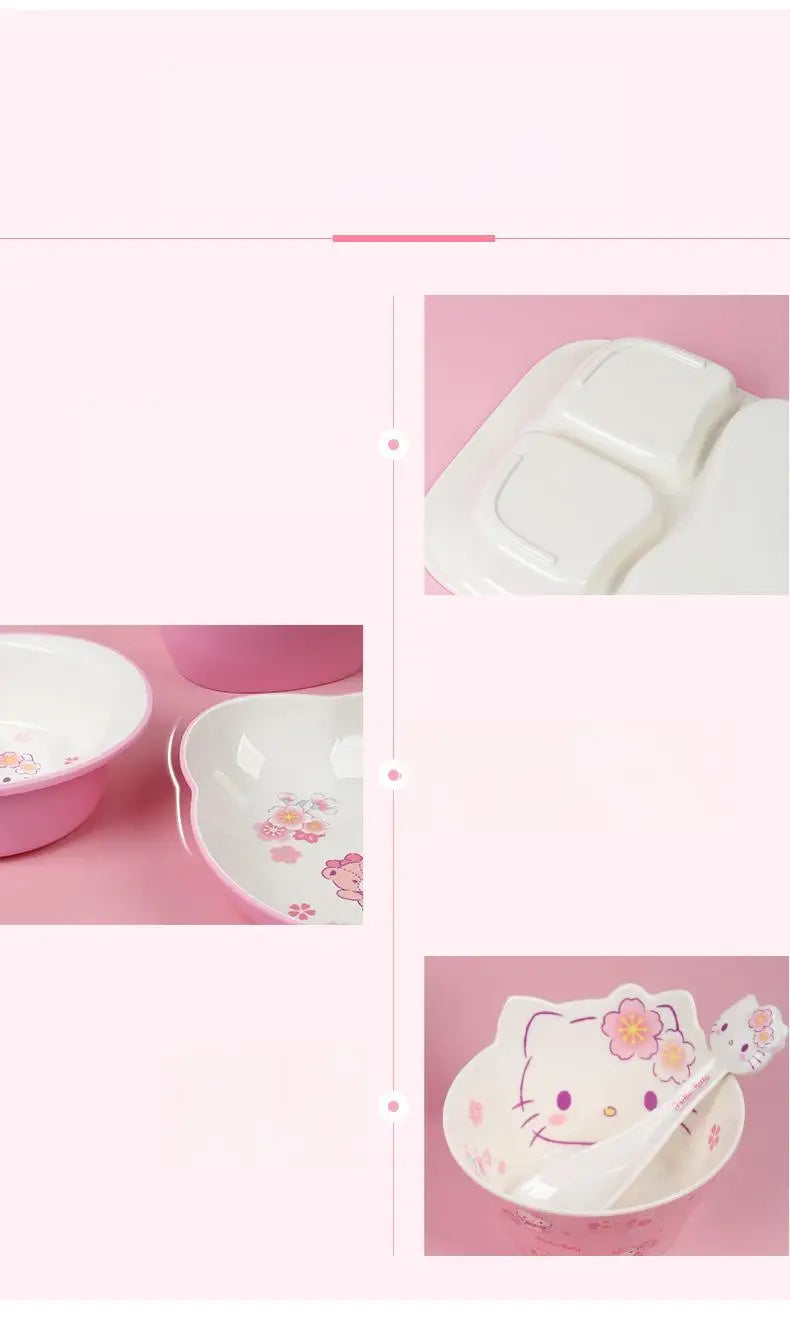 Set di stoviglie in melamina Hello Kitty per bambini - Ciotole, piatti, cucchiai e tazze anti-scottatura con simpatico design a cartoni animati