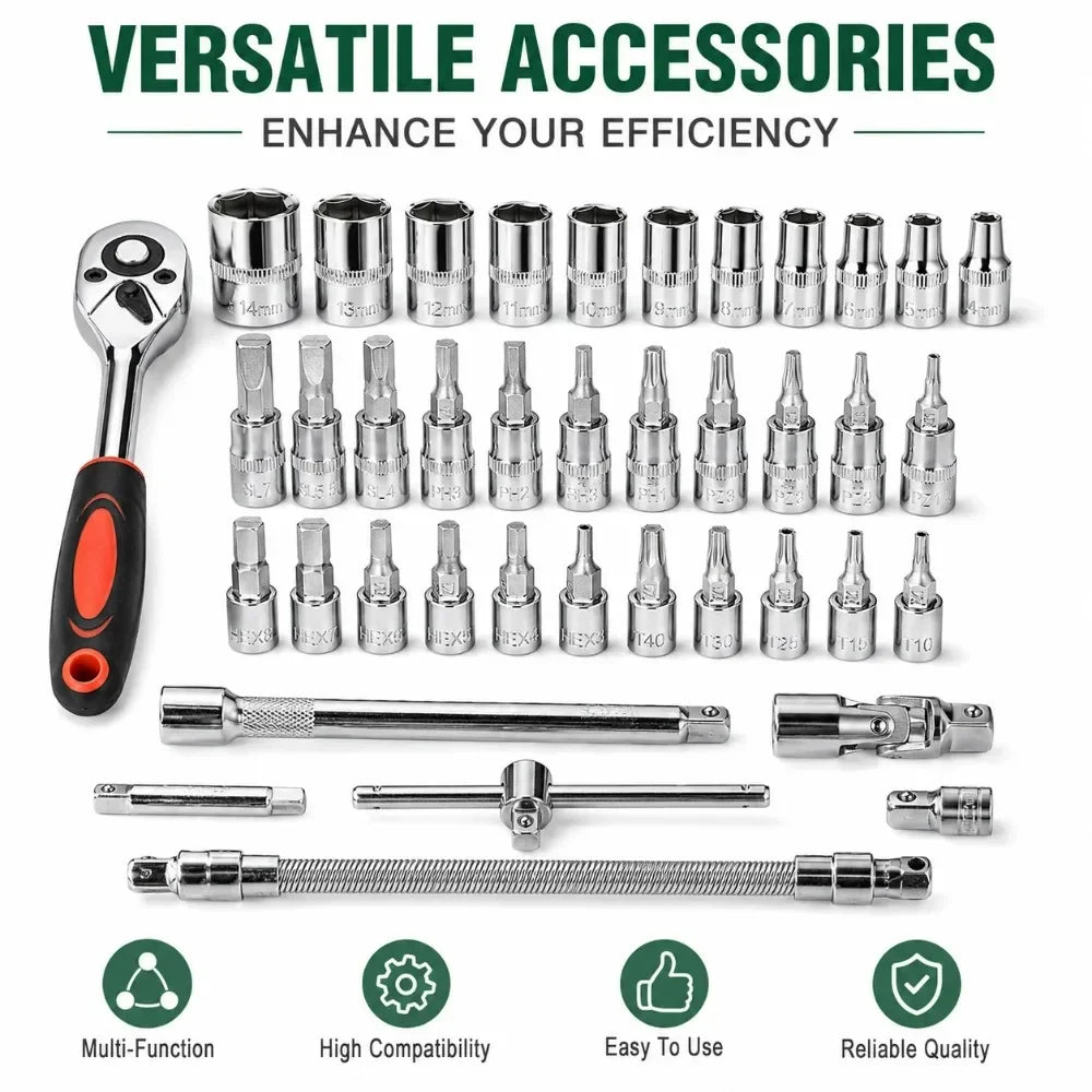 Set di 46 pezzi di bussole a cricchetto da 1/4 di pollice con punte esagonali metriche, kit di attrezzi meccanici per la riparazione auto