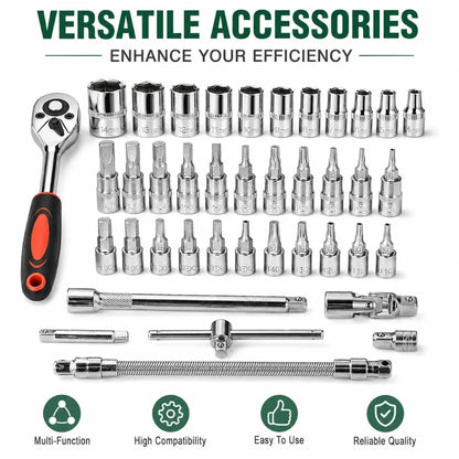 Set di 46 pezzi di bussole a cricchetto da 1/4 di pollice con punte esagonali metriche, kit di attrezzi meccanici per la riparazione auto