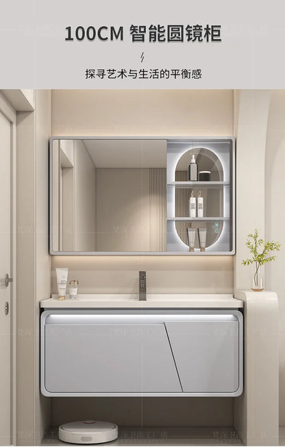 Mobile Bagno Moderno Intelligente con Lavabo Integrato in Ceramica, Armadietti in Rovere, Specchio LED e Mobiletto - Arredamento Bagno