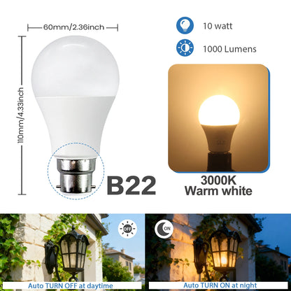 Confezione da 2 Lampadine LED Intelligenti con Sensore E27 B22, Luce Bianca dal Tramonto all'Alba, AC100-240V 1000LM 10W per Portico, Corridoio, Esterni, Garage