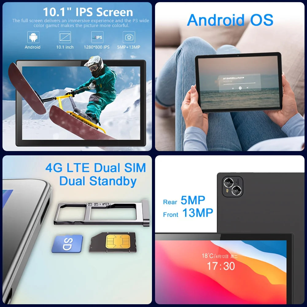 Tablet Android Koomdigi T30 Pro, dotato di schermo touchscreen HD da 10,1 pollici con risoluzione 1280x800, memoria interna da 128 GB con possibilità di espansione fino a 1 TB tramite scheda TF, processore MTK, tastiera e cu