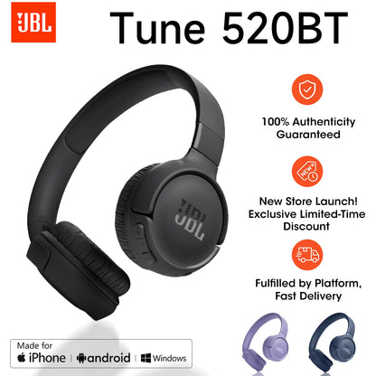 Cuffie wireless JBL Tune 520BT, modello on-ear, con Bluetooth 5.3, batteria da 57 ore, suono con bassi potenti, leggere, pieghevoli, connessione multipunto, ideali per l’uso quotidiano, in offerta.