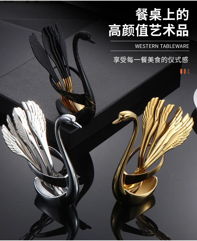 Set di forchette eleganti con base a forma di cigno, cucchiaio da caffè, dessert e insalata in acciaio inossidabile, posate per torte, stoviglie a zero sprechi, dropship