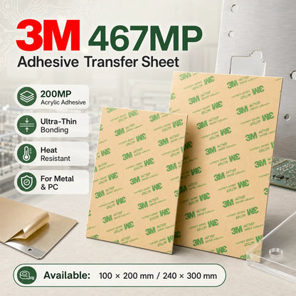 Foglio Adesivo 3M 467MP, Nastro Biadesivo Ultra Sottile 200MP per Alte Temperature, per Metallo, PC, Acrilico, Elettronica, 100x200/240x300mm