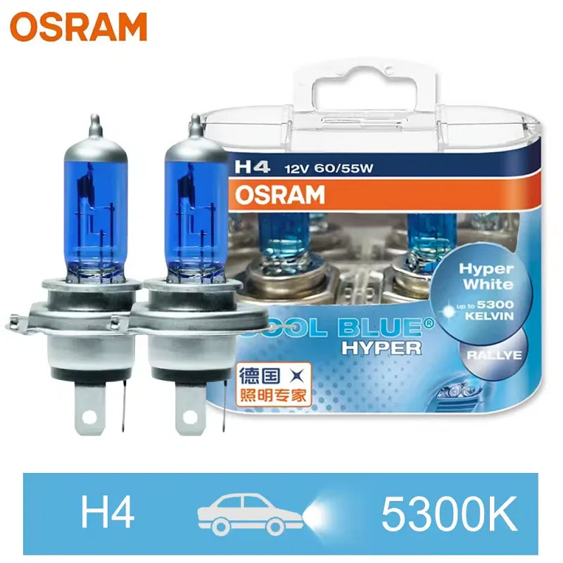 OSRAM H7 H4 H1 H11 HB3 9005 HB4 9006 Lampadina Alogena per Fari Auto, Luce Abbagliante/Anabbagliante 5300K 12V 55W, Bianco Hyper Cool Blue (2 Pezzi)