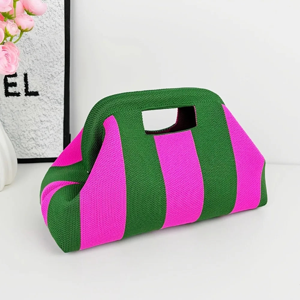Nuova borsa intrecciata traforata a righe, borsa a mano in maglia, versatile borsa portatile per cosmetici