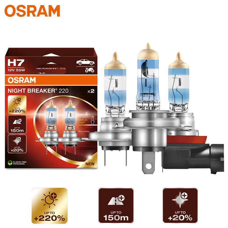 OSRAM Night Breaker 220 Lampade per auto H4 H7 H11 Faro alogeno + 220% Potenza luminosa + Fascio lungo 150 m Luce originale 12 V Germania, 2x