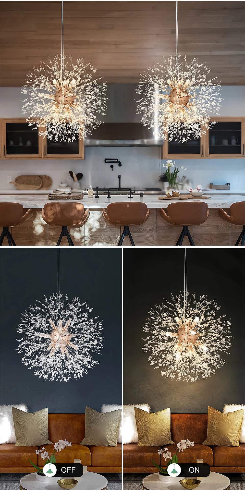 Lampadario di Lusso IRALAN a Soffitto, Lampada a Sospensione in Cristallo a Forma di Soffione, Luce a 3 Colori, Lampade a LED per Tavolo da Pranzo e Soggiorno