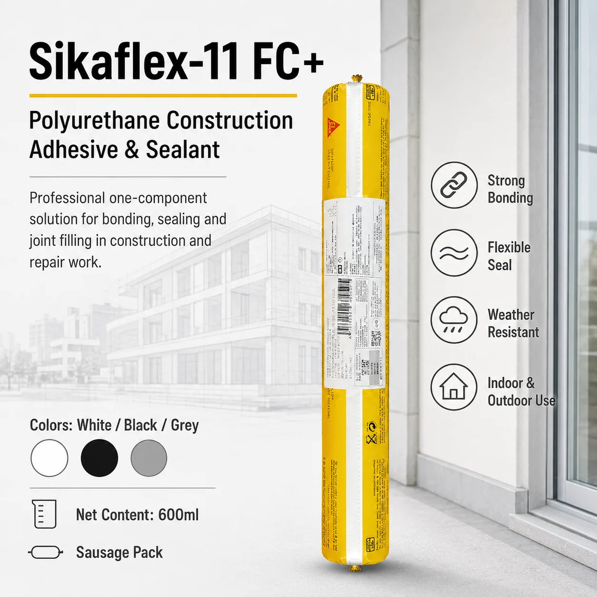 Sikaflex 11 FC+ Sigillante Adesivo Poliuretanico 600ml Bianco Nero Grigio Impermeabile Flessibile per Riparazioni Edili