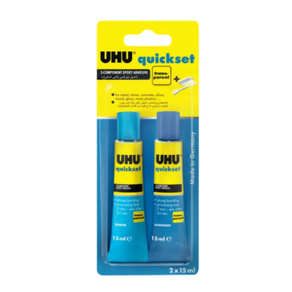 Adesivo Epossidico UHU Quickset 30ml Trasparente Colla Bicomponente AB ad Asciugatura Rapida per Riparazioni di Metallo, Ceramica, Vetro e Plastica