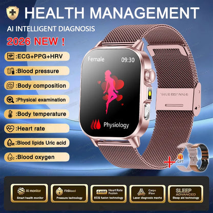 Nuovo Smartwatch per Uomo con Diagnosi ECG Accurata, Misurazione di Pressione Sanguigna, Ossigeno nel Sangue, Grasso nel Sangue, Acido Urico, Temperatura, Chiamate Bluetooth