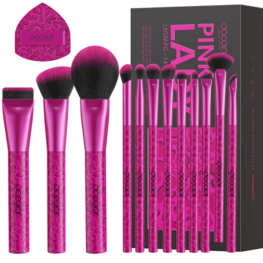 Docolor Set di 12 Pennelli per Trucco Viso Leopardati Rosa, Pennello Sottile per Fondotinta, Pennello per Blush, Correttore e Eyeliner