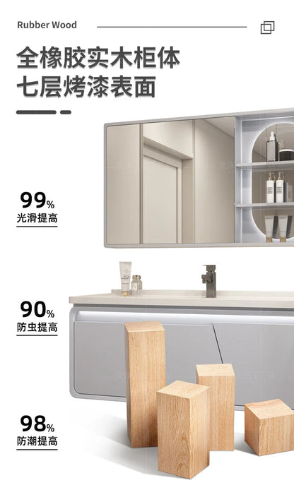 Mobile Bagno Moderno Intelligente con Lavabo Integrato in Ceramica, Armadietti in Rovere, Specchio LED e Mobiletto - Arredamento Bagno