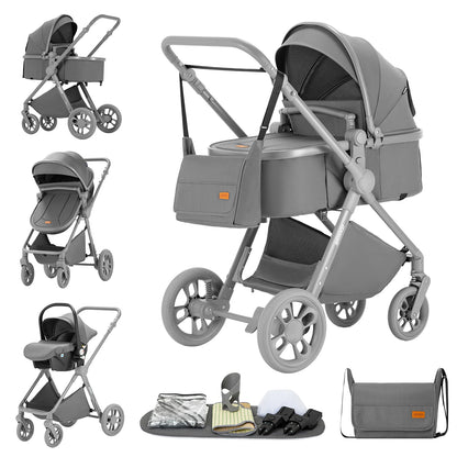 Passeggino 3-in-1 Pieghevole per Neonati con Seggiolino Auto e Culla, Telaio in Alluminio Leggero, Passeggino Estivo Traspirante per Panorami