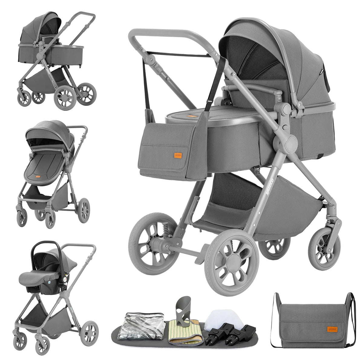 Passeggino per Neonati 3-in-1 di Lusso, Carrozzina da Viaggio Portatile con Telaio in Alluminio, Passeggino Pieghevole con Vista Panoramica