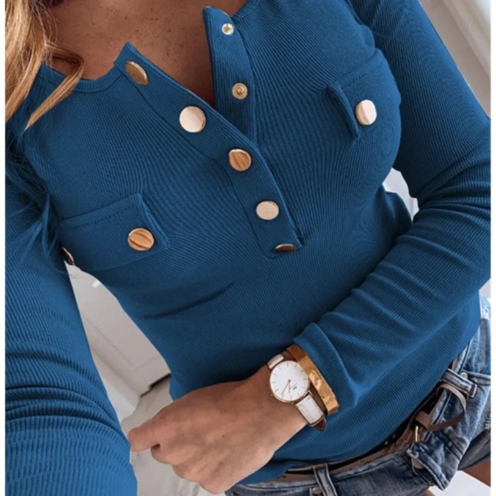 Maglia a maniche lunghe da donna per l'autunno, top alla moda con scollo semi rotondo e bottoni, tinta unita, casual, versatile, ideale come capo base.