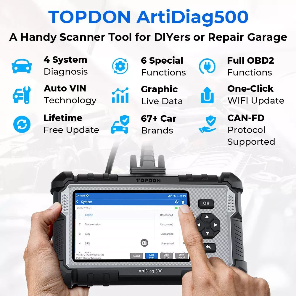 Topdon Strumento diagnostico per auto 4 sistemi OBD2 Scanner diagnostico Motore ABS SRS Airbag Strumento di scansione automatica Lettore di codici ArtiDiag500