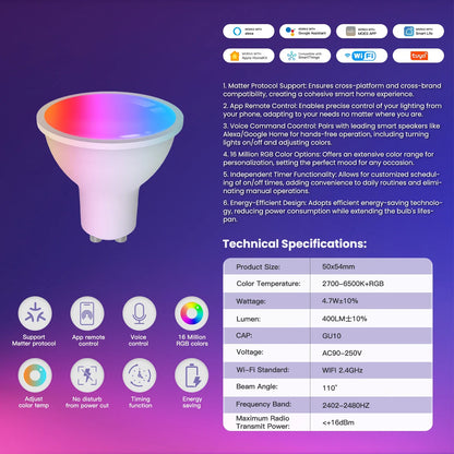 MOES Tuya Matter WiFi GU10 Lampadina intelligente Dimmerabile Luce a Led 16 milioni di colori RGB C + W Lampada a candela Controllo vocale Alexa Google Home