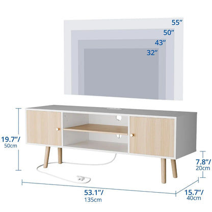 Mobile TV in stile Mid Century con armadietto e stazione di ricarica per TV da 48-55 pollici, per soggiorno, in rovere, 53,1" di larghezza, personalizzabile.