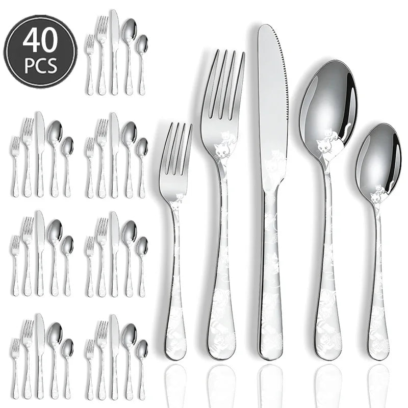 Set di posate in acciaio inossidabile con incisione laser Rose Cat, 4/15/25/40 pezzi, coltello, forchetta, cucchiaio, per coppie, stoviglie per feste