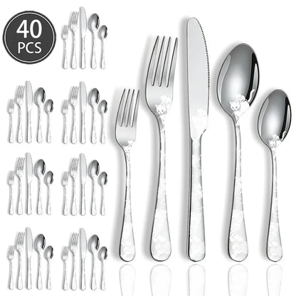 Set di posate in acciaio inossidabile con incisione laser Rose Cat, 4/15/25/40 pezzi, coltello, forchetta, cucchiaio, per coppie, stoviglie per feste