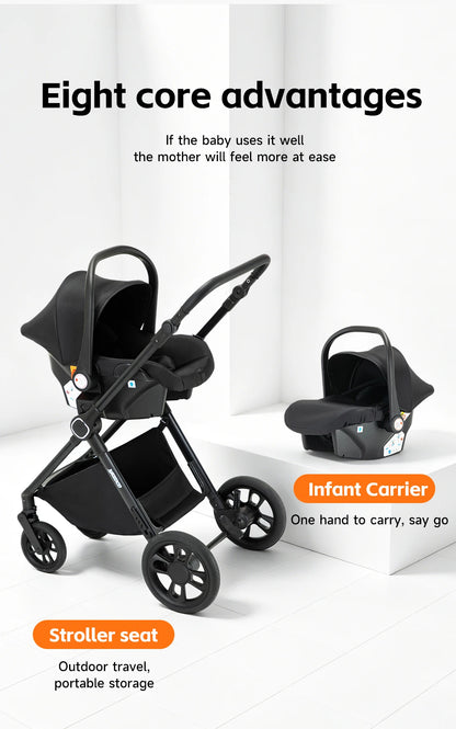 Passeggino 3-in-1 Pieghevole per Neonati con Seggiolino Auto e Culla, Telaio in Alluminio Leggero, Passeggino Estivo Traspirante per Panorami